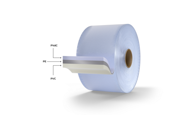 A multi-layered PVC/PE/PVdC film